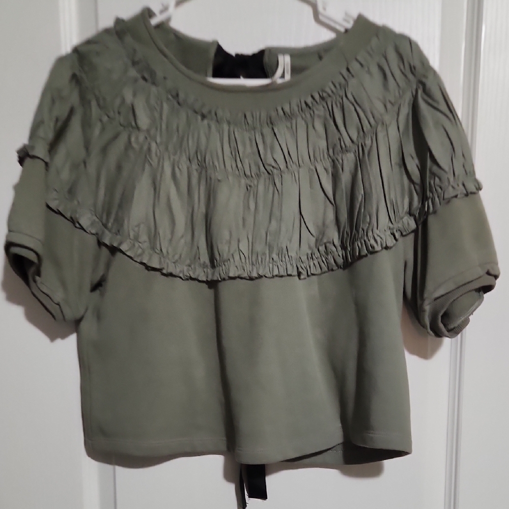 Anthropologie Olive Green Ruffle Yoke Short-Sleeve Crop Top